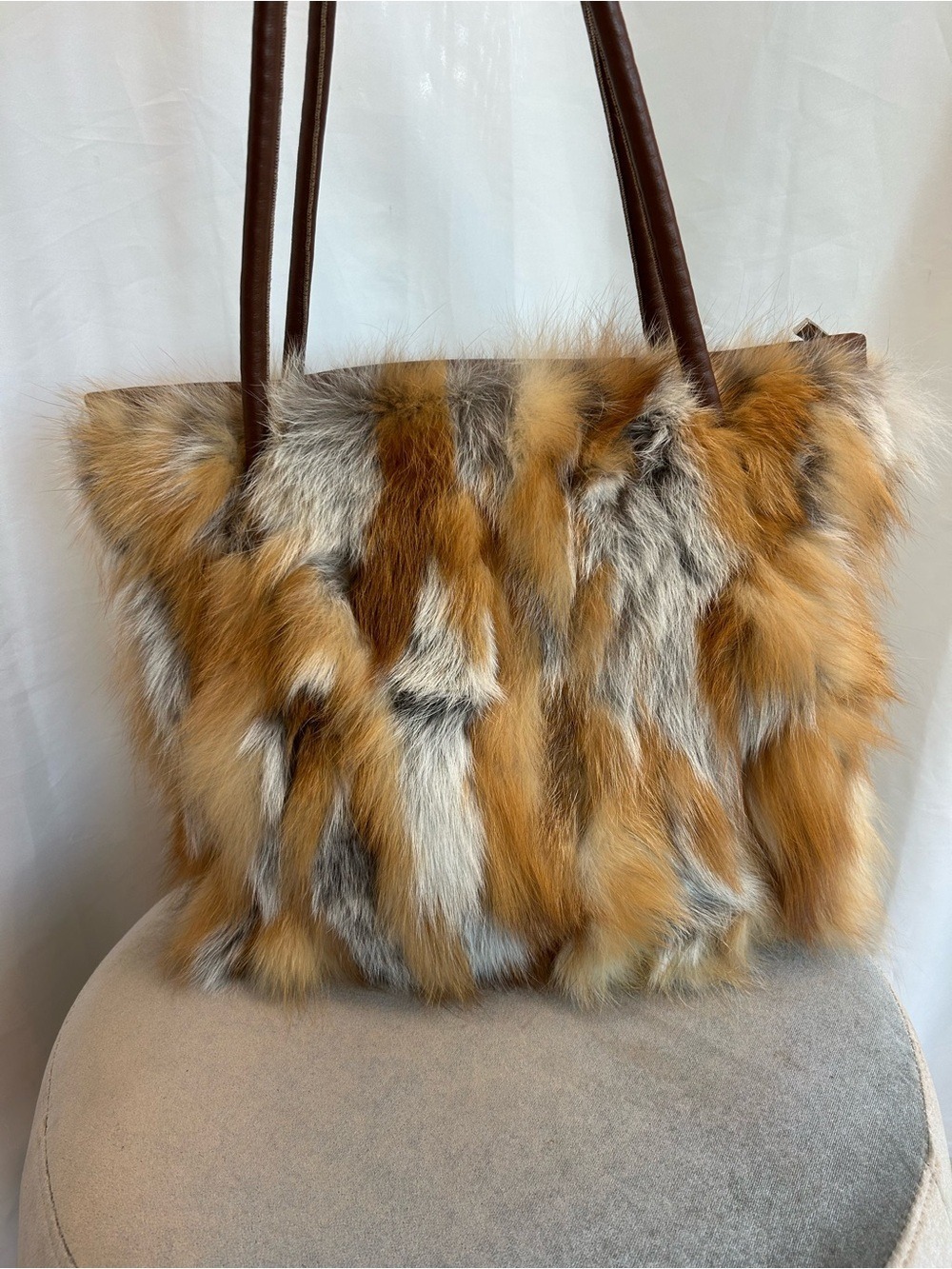 Fox Fur Tote in Brown Cream and Gray real fur shoulder bag - Picture 4 of 14
